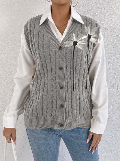 Women Cable Knit Sweater Vest with Applique Detail