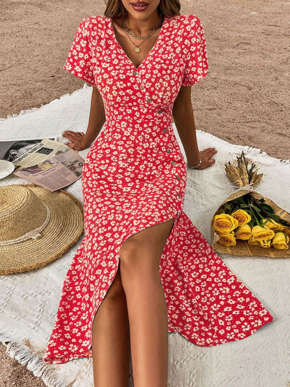 Floral Print A-Line Midi Dress in Red cotton - Nowi Korean Fashion