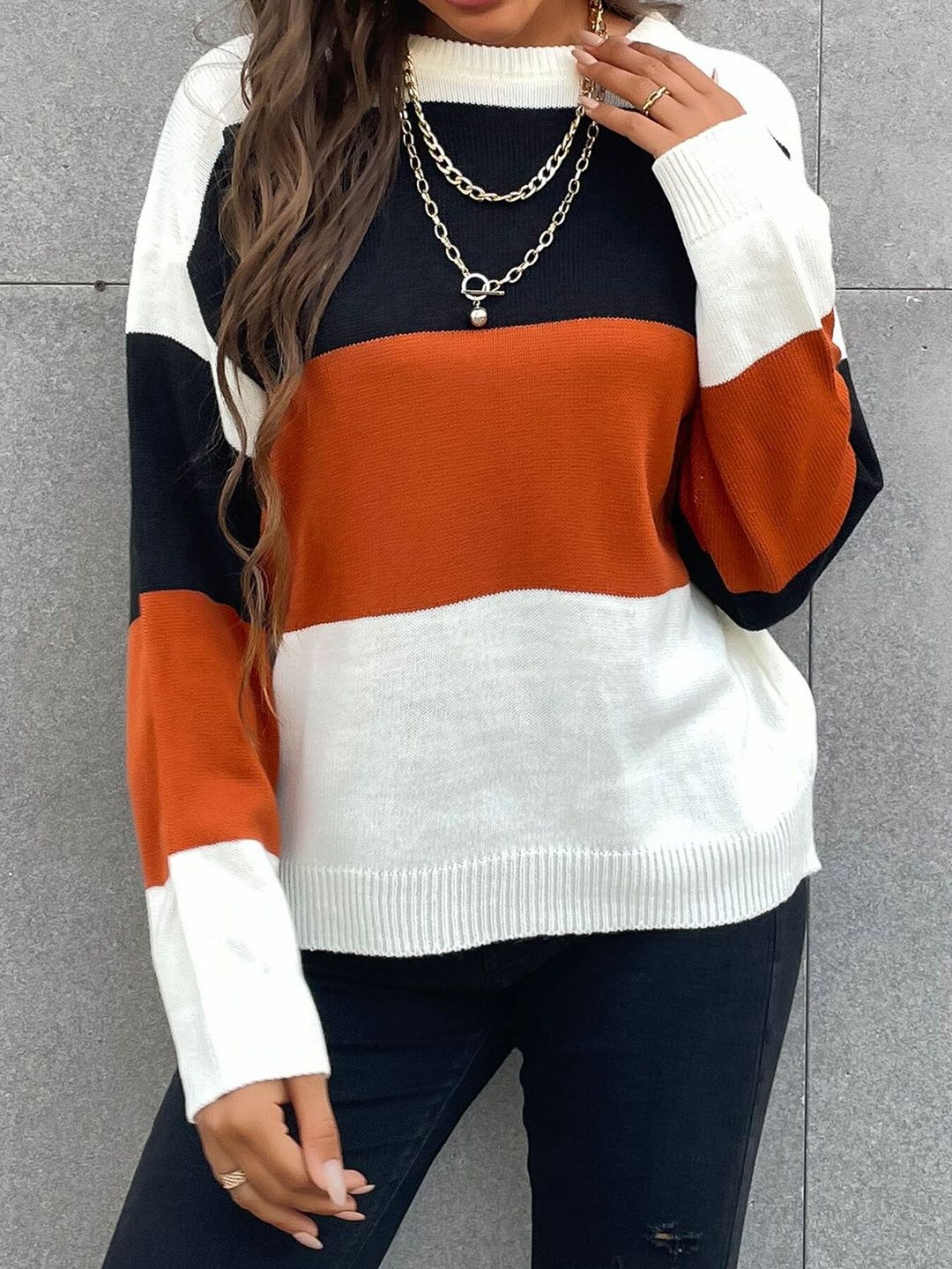 Women's Brown Colourblocked Pullover Blend Printed