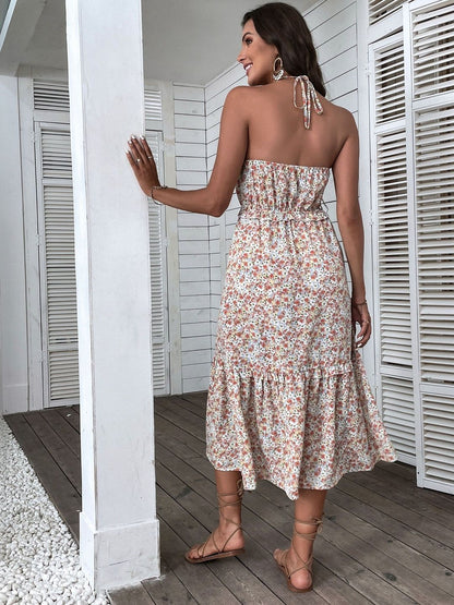 Floral Print Halter Neck Fit & Flare Midi Dress