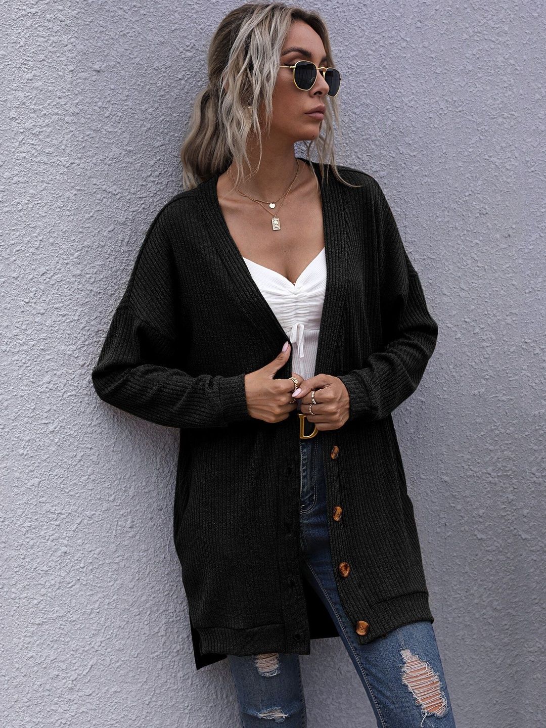 Women's Black Ribbed Acrylic Cardigan