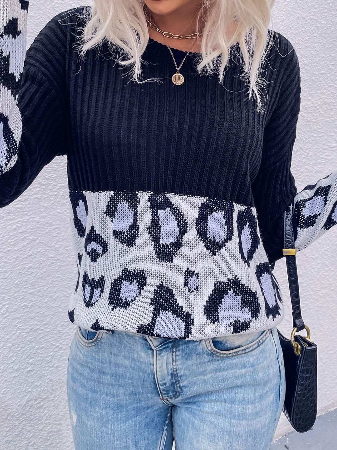 Women's Black Animal Colourblocked Pullover Blend