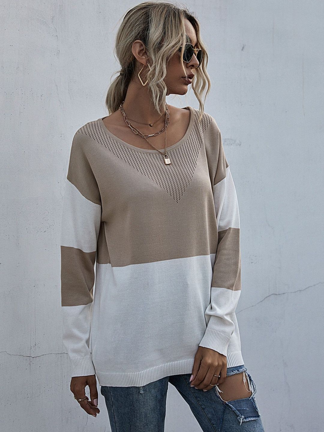 Women's Beige Colourblocked Pullover Blend Printed