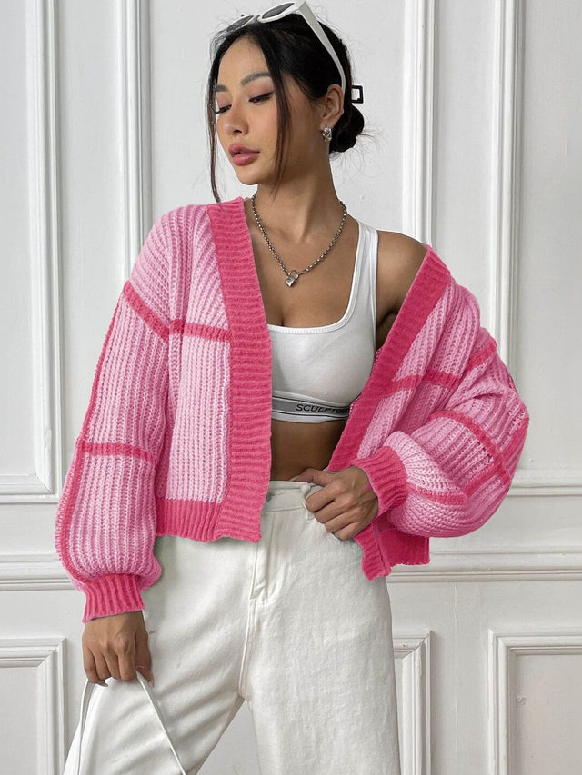 Colourblocked Crop Cardigan in Pink acrylic - Nowi Korean Fashion