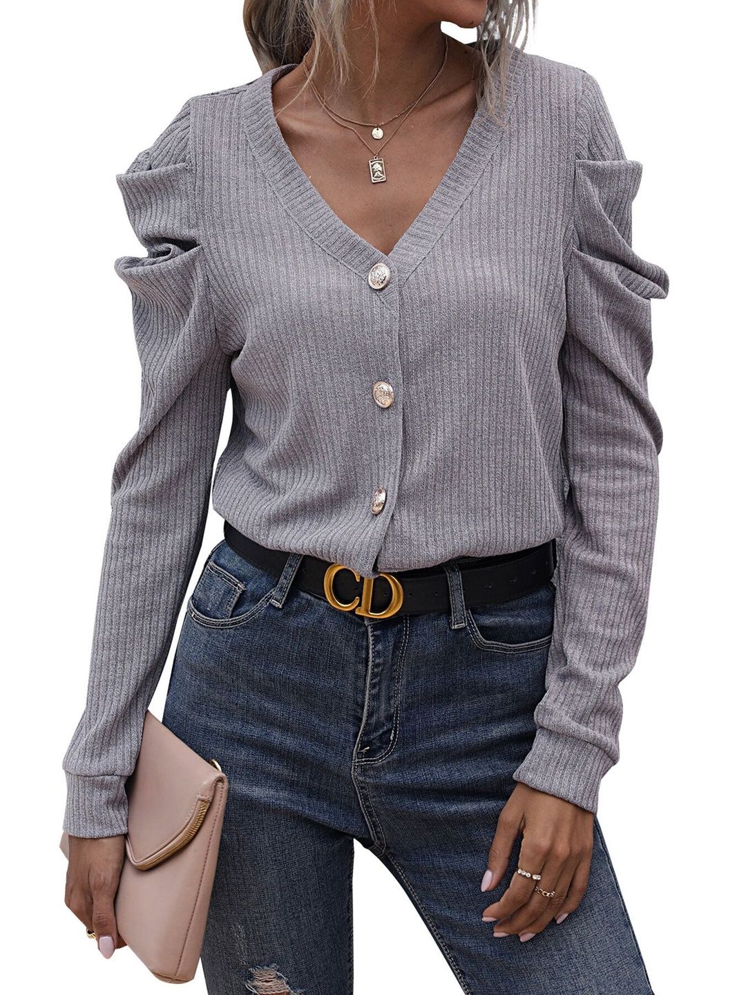 Women's Grey Ribbed Cardigan Blend Printed Regular Fit