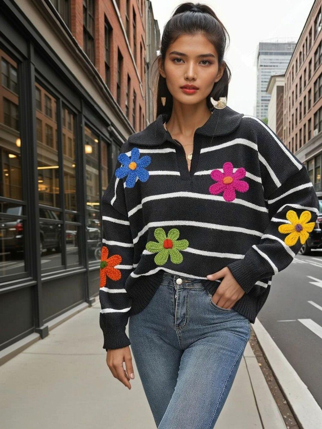 Striped Pullover with Embroidered Detail in Black acrylic - Nowi Korean Fashion