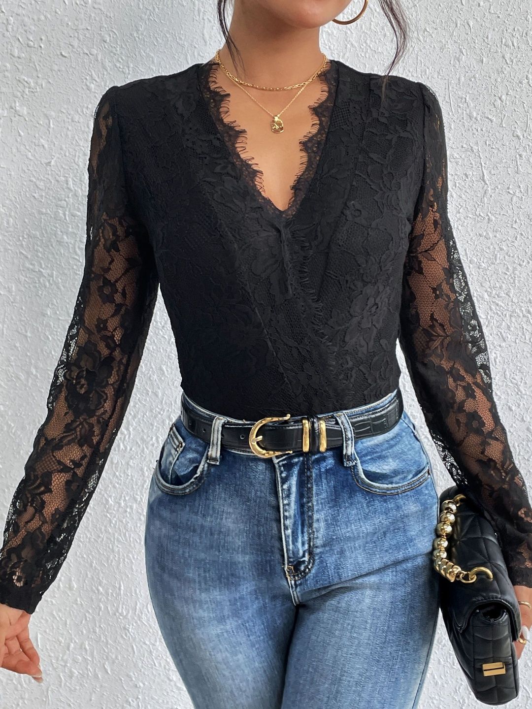 Black Lace detail Bodysuit - Nowi Korean Fashion