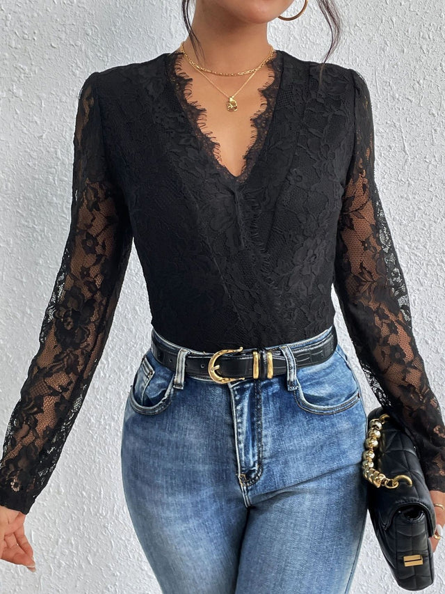 Black Lace detail Bodysuit - Nowi Korean Fashion