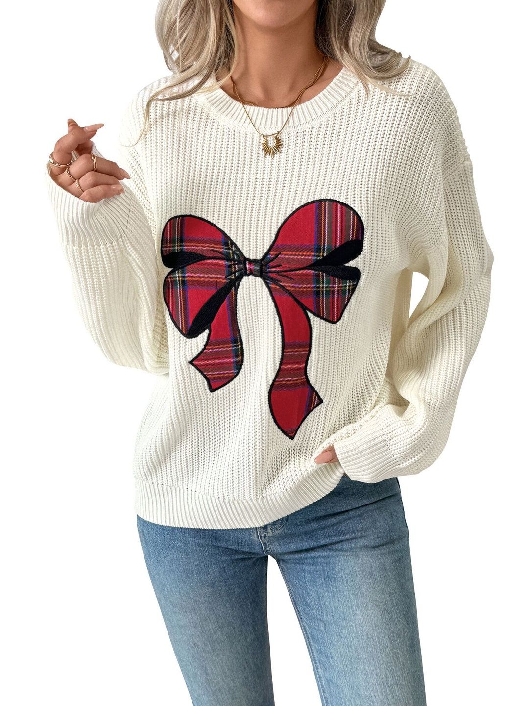 NOWI Checked Pullover with Embroidered Detail - Nowi Korean Fashion
