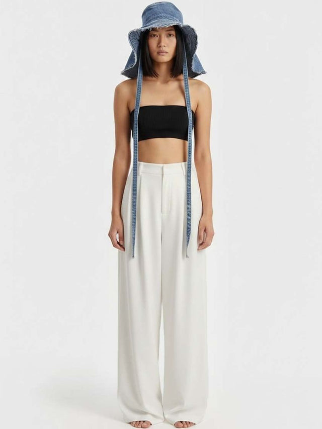 Pleated Trousers in White polyester - Nowi Korean Fashion