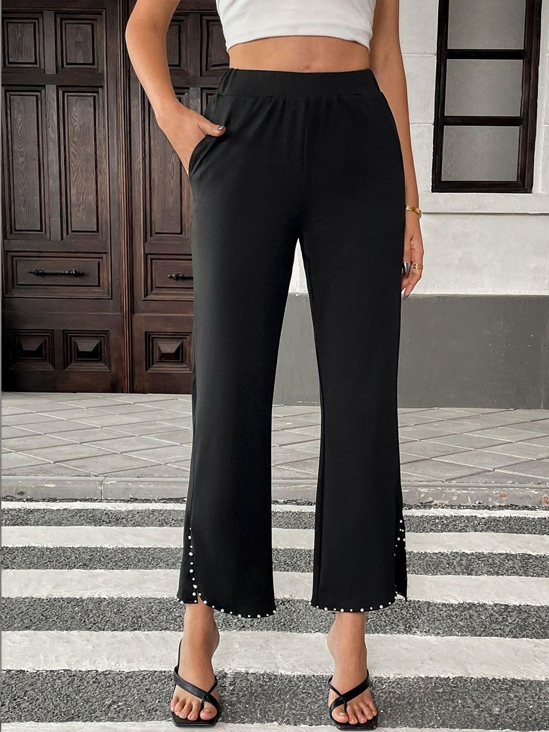 Embellished Non Iron Trousers in Black synthetic - Nowi Korean Fashion