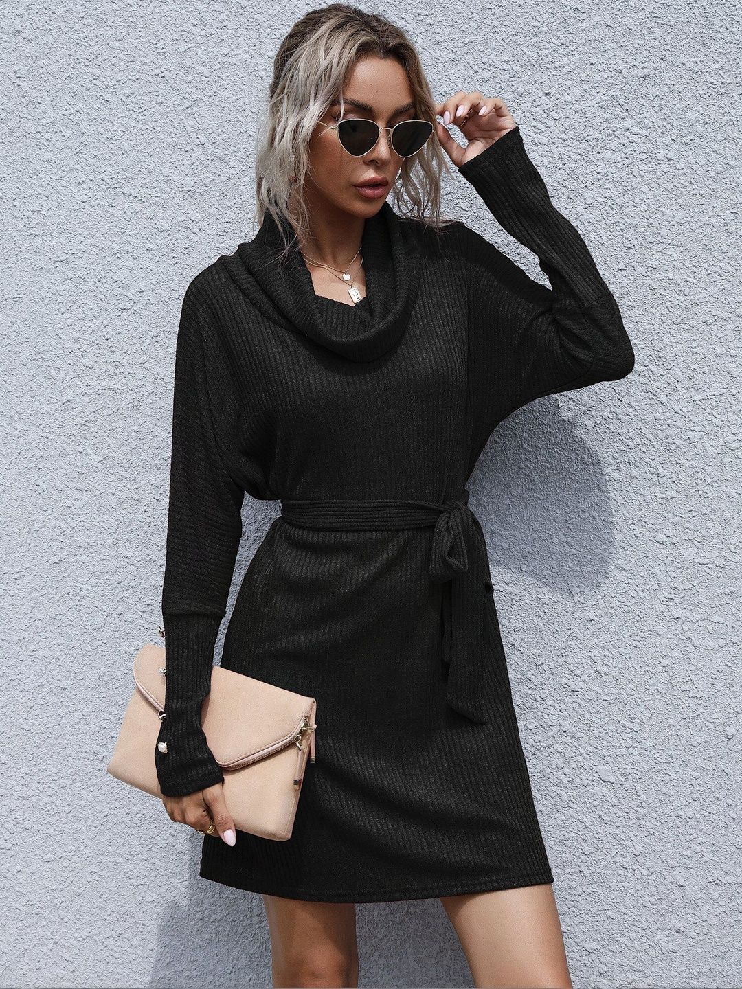 Cowl Neck Dress in Black - Nowi Korean Fashion