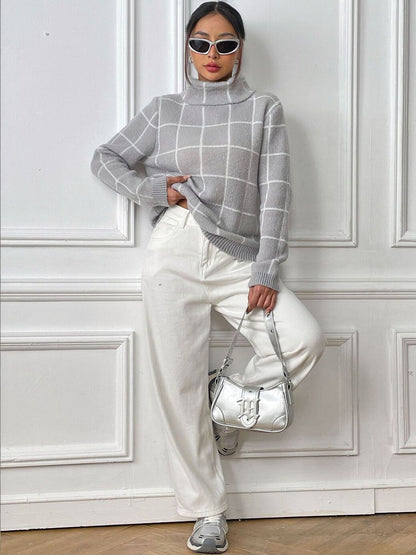 Checked Pullover in Grey acrylic Long Sleeve - Nowi Korean Fashion