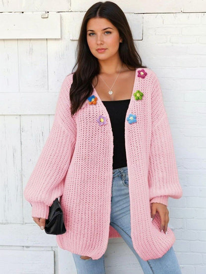 Ribbed Cardigan with Applique Detail in Pink acrylic - Nowi Korean Fashion