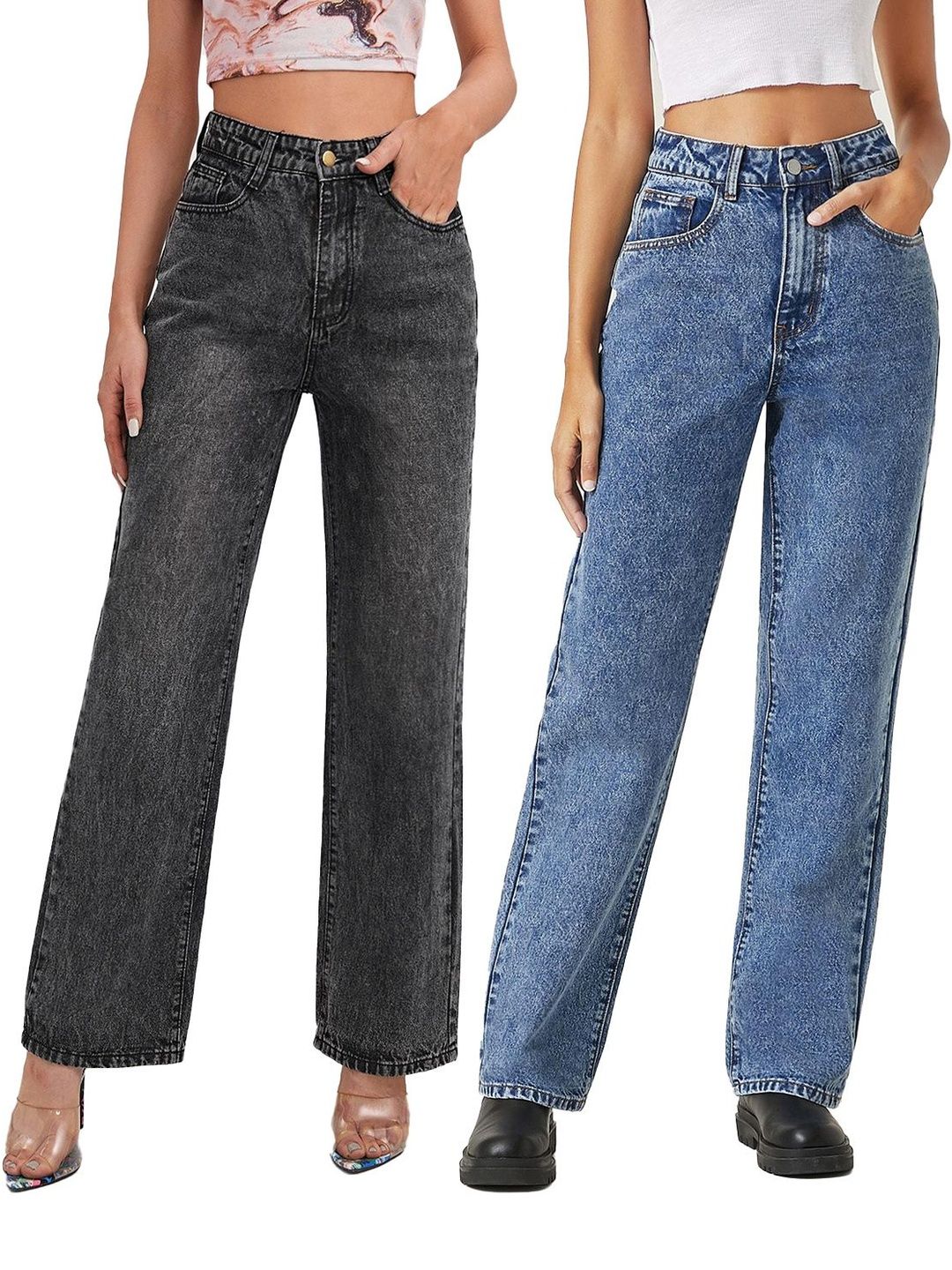 Pack Of 2 High-Rise Light Fade Clean Look Stretchable Jeans in Blue Cotton - Nowi Korean Fashion
