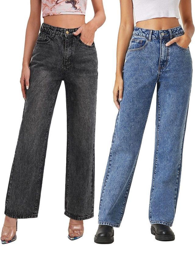 Pack Of 2 High-Rise Light Fade Clean Look Stretchable Jeans in Blue Cotton - Nowi Korean Fashion