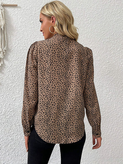 Women's Brown Animal Print Tie-Up Neck Top
