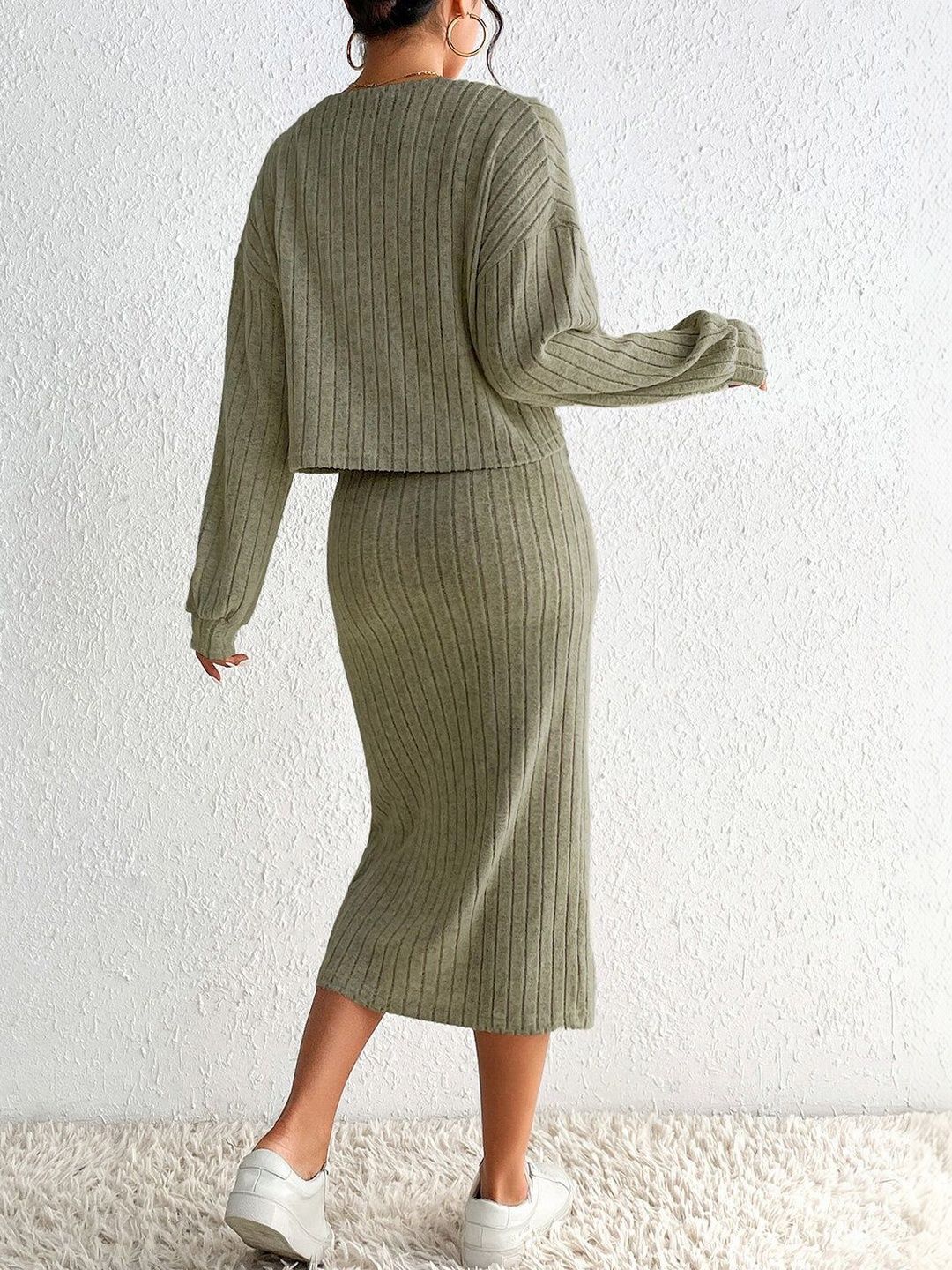 Olive Green Striped Co-ords with Sweater and Skirt
