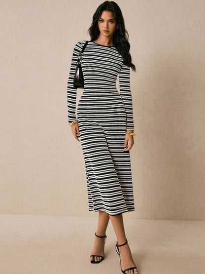 Striped Sheath Midi Dress in Black cotton - Nowi Korean Fashion