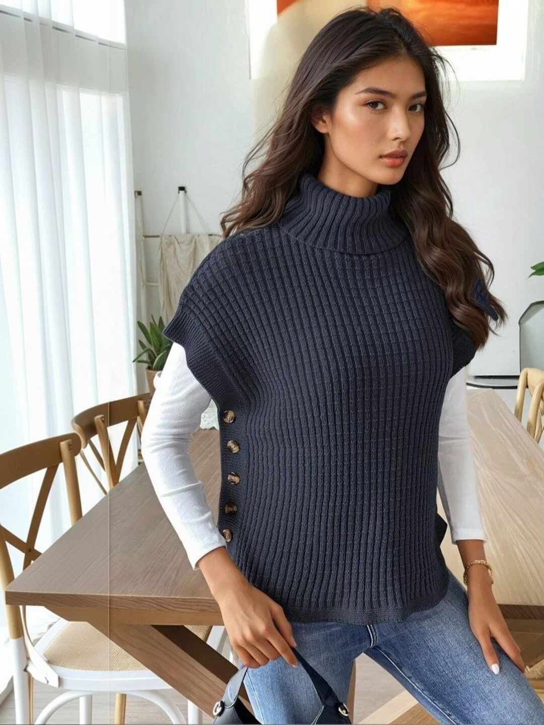Ribbed Pullover in Blue acrylic - Nowi Korean Fashion