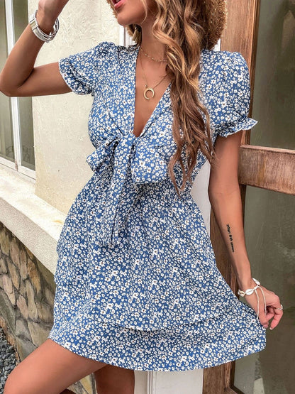 Floral Print Puff Sleeve Fit & Flare Mini Dress