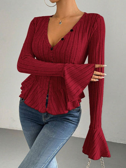 Women's Red Bell Sleeve Ruffles Cotton Peplum Top