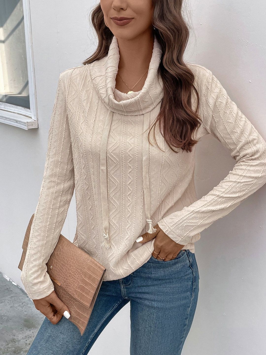 Women Turtle Neck Self Design Sweatshirt