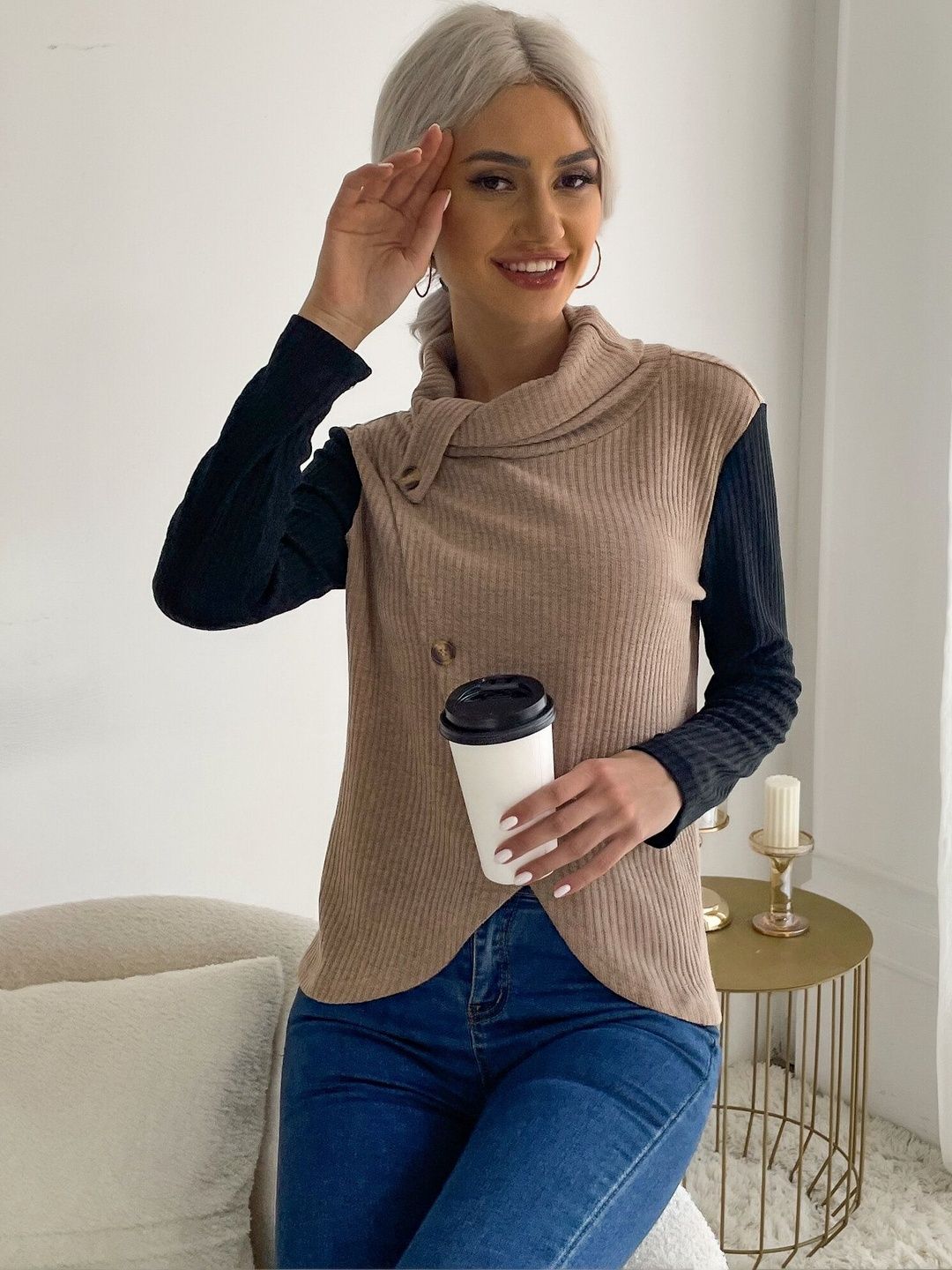 Women's Brown Ribbed Cowl Neck Sweater
