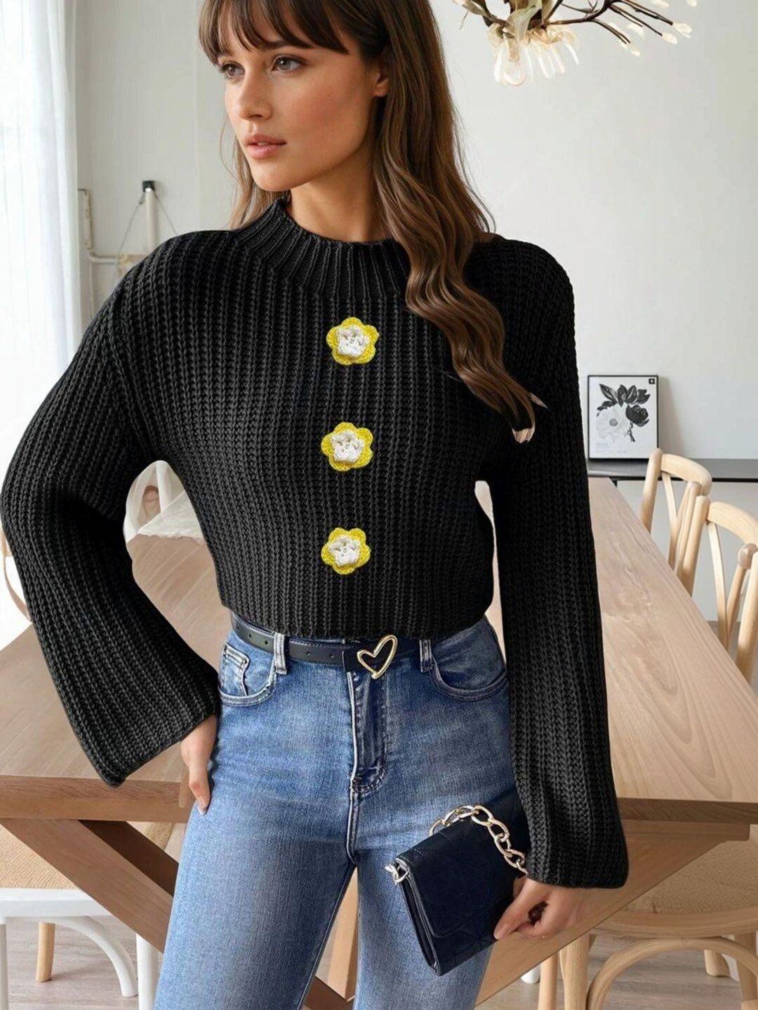 Women Ribbed Crop Pullover with Applique Detail