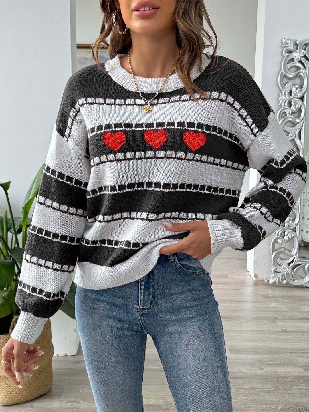 Women Striped Pullover with Embroidered Detail