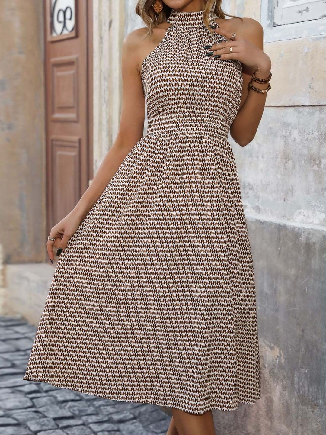 Print Halter Neck Fit & Flare Midi Dress