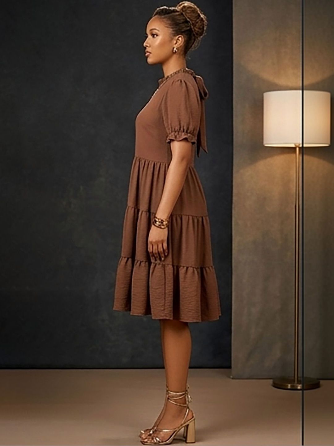 Tie-Up Neck Puff Sleeve Ruffled Dress