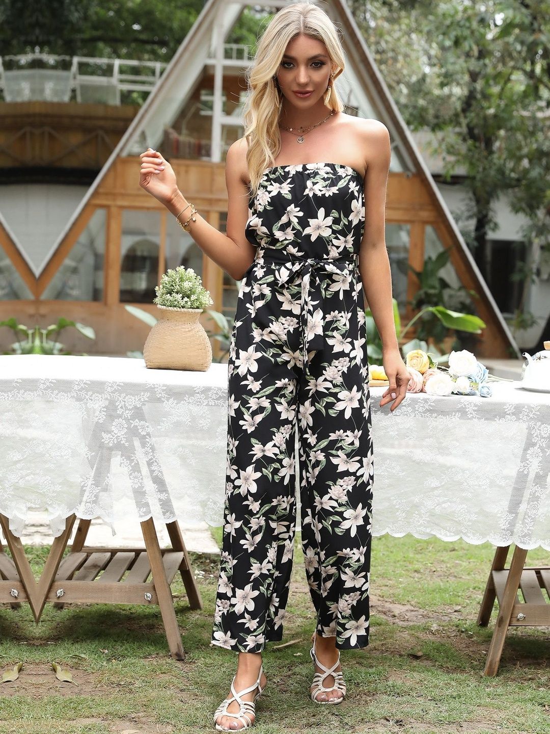 Strapless Printed Basic Jumpsuit in Black cotton Style 114 - Nowi Korean Fashion