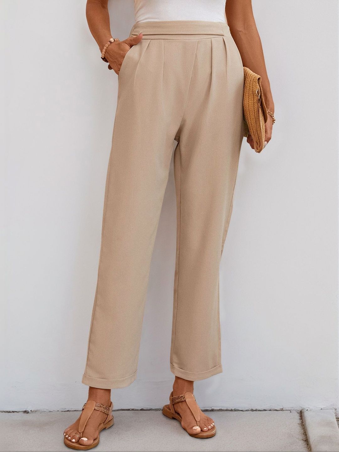 High-Rise Non Iron Pleated Trousers in Beige cotton Style 539 - Nowi Korean Fashion
