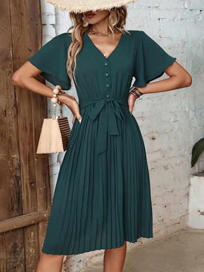 Flutter Sleeve Fit & Flare Midi Dress in Green polyester - Nowi Korean Fashion