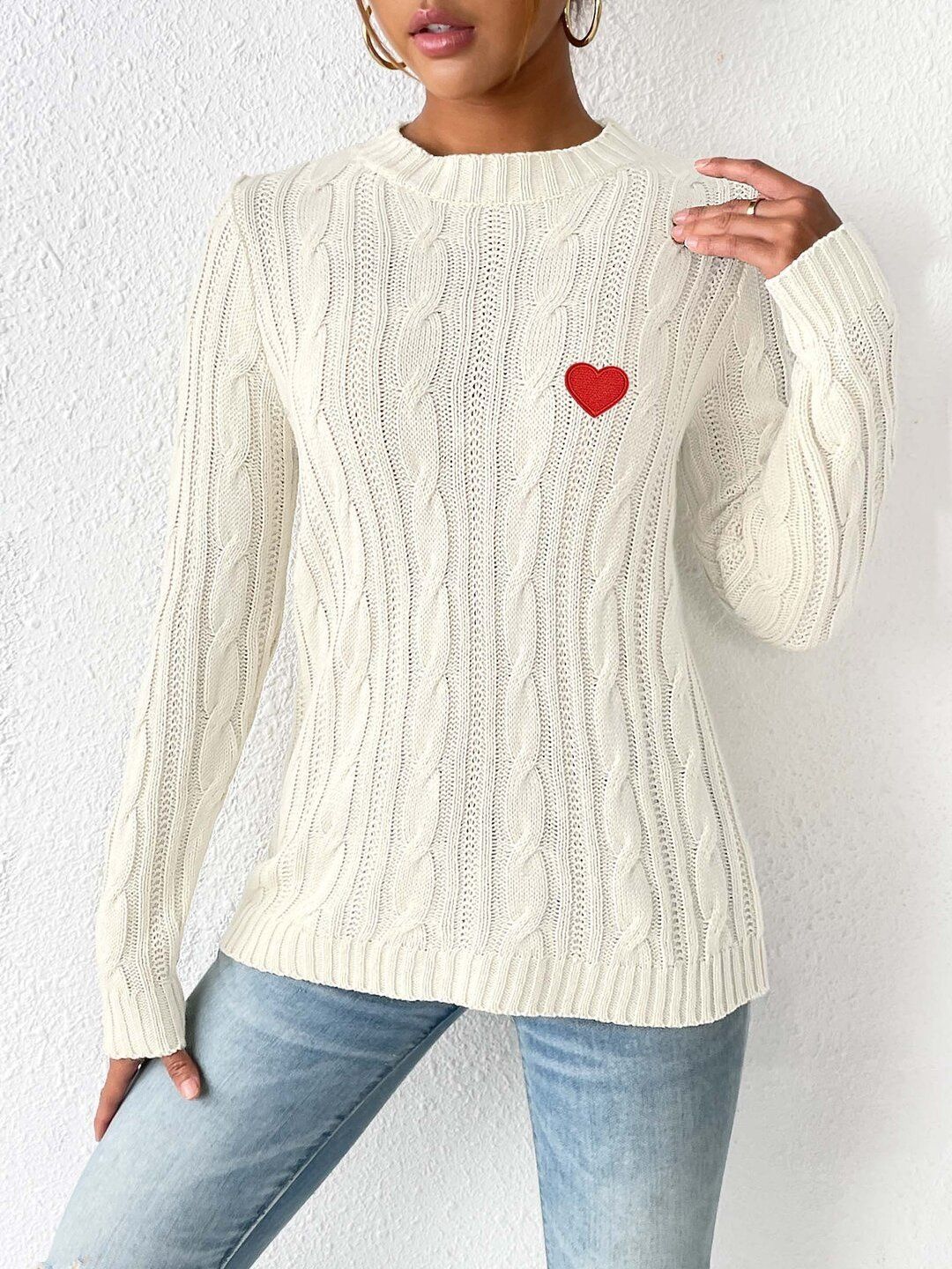 Women Cable Knit Pullover with Embroidered Detail