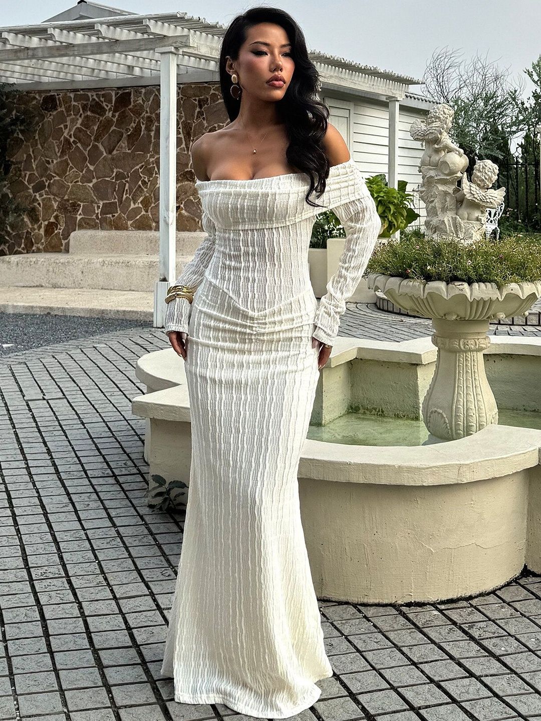 Off-Shoulder Linen Sheath Maxi Dress