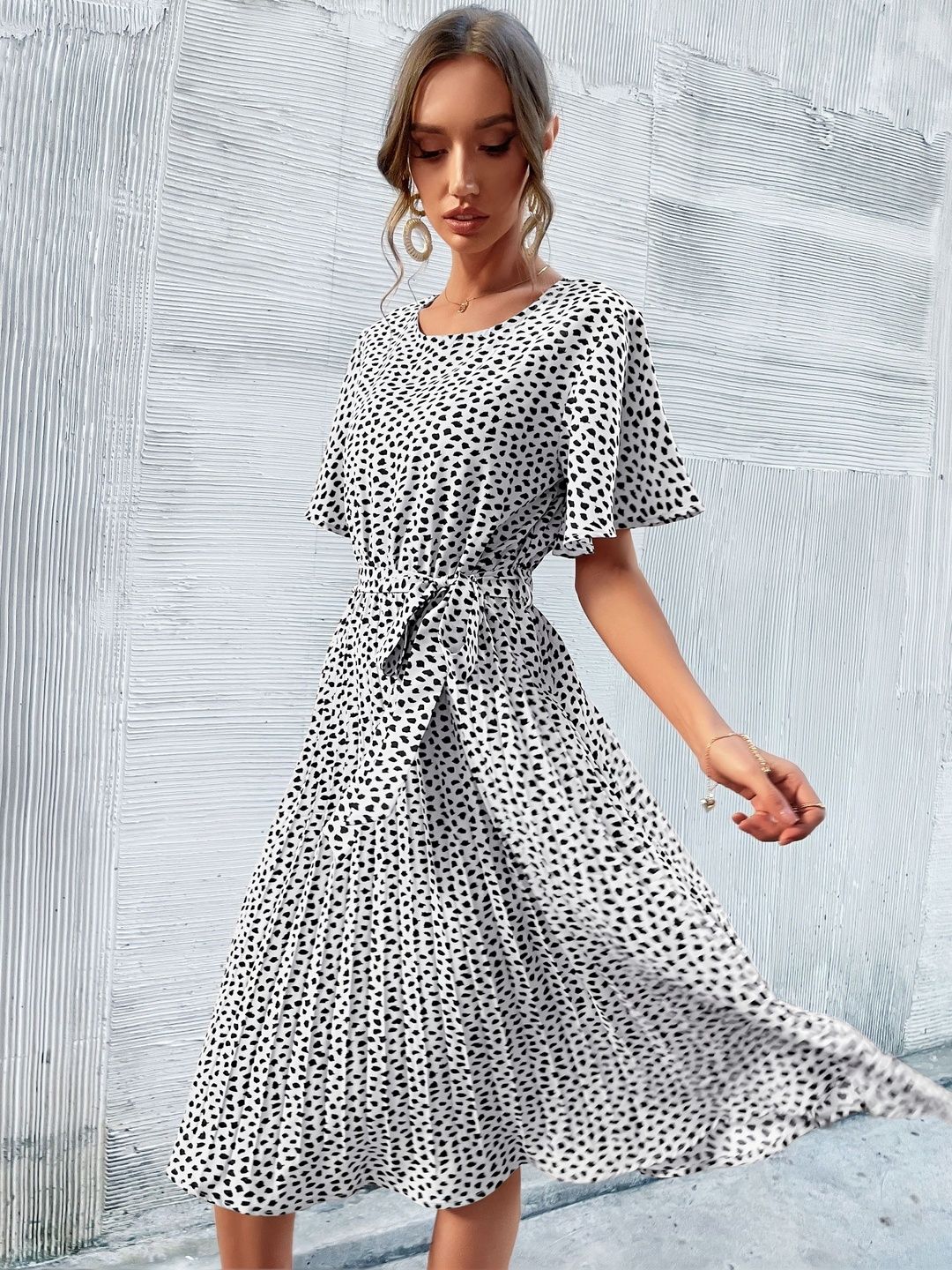 Polka Dot Print Flutter Sleeve Fit & Flare Midi Dress