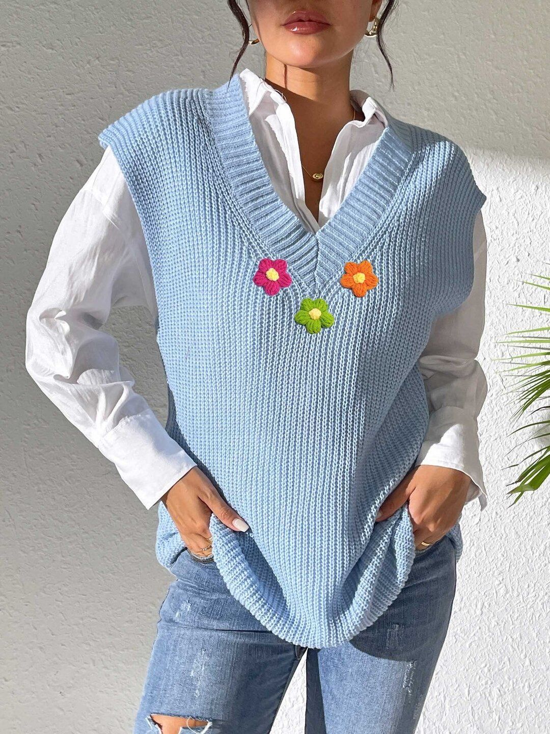 Women Ribbed Sweater Vest with Embroidered Detail