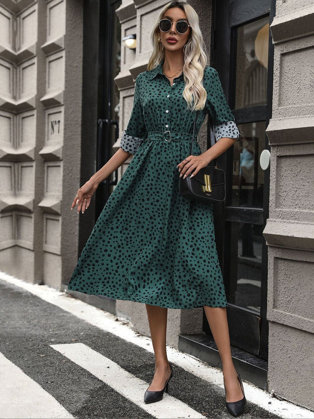 Polka Dot Print Shirt Midi Dress in Green - Nowi Korean Fashion