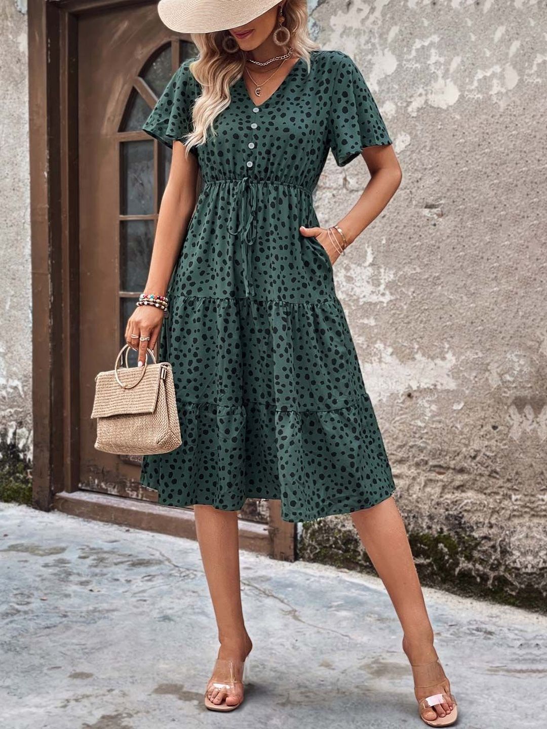 NOWI Polka Dot Printed Flared Sleeve Fit & Flare Midi Dress