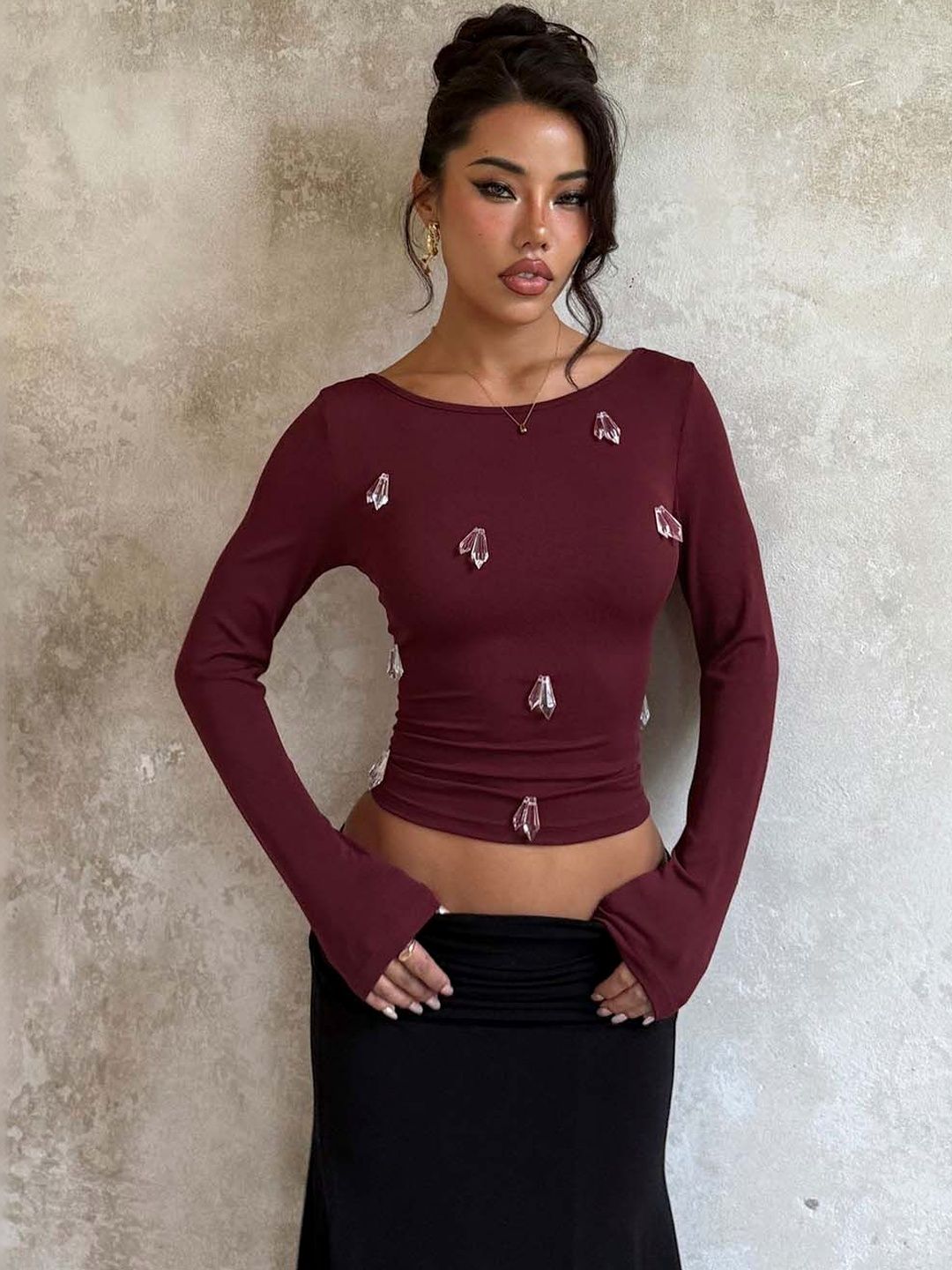 Burgundy Embellished Crop Top