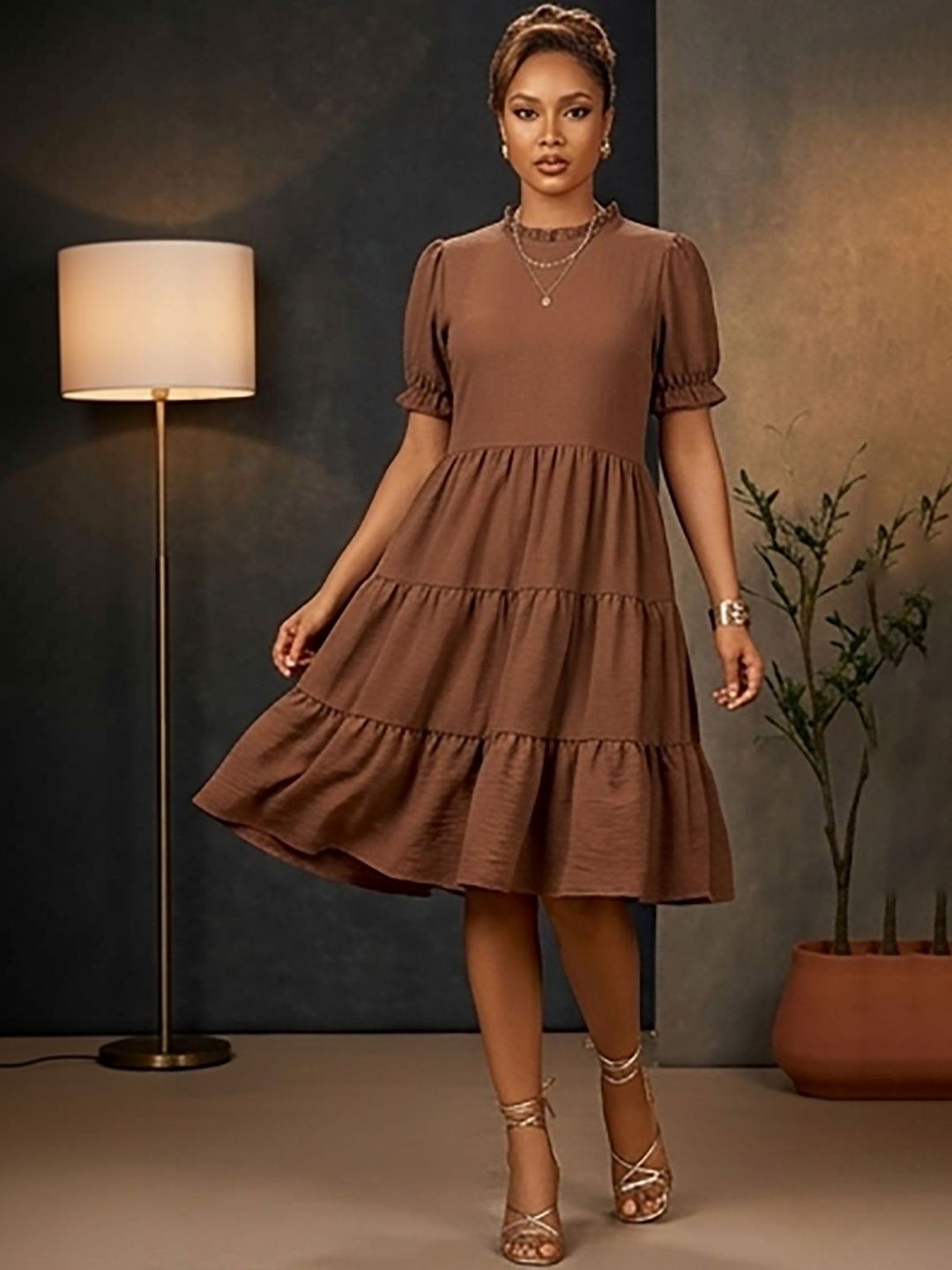 Tie-Up Neck Puff Sleeve Ruffled Dress
