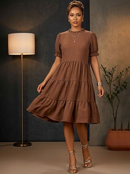 Tie-Up Neck Puff Sleeve Ruffled Dress