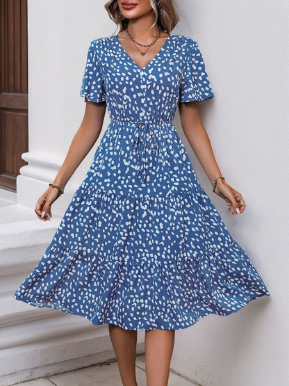 Print Fit & Flare Midi Dress in Blue cotton Printed - Nowi Korean Fashion