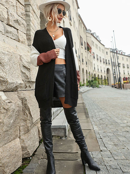 Women's Black Colourblocked Cardigan Blend Printed