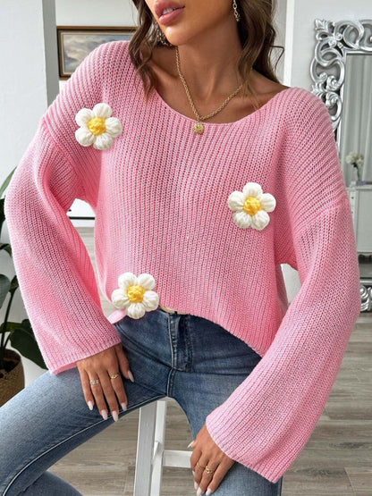 Women Ribbed Pullover with Applique Detail