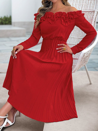 Women's Red Off-Shoulder Ruffled Fit & Flare Midi Dress