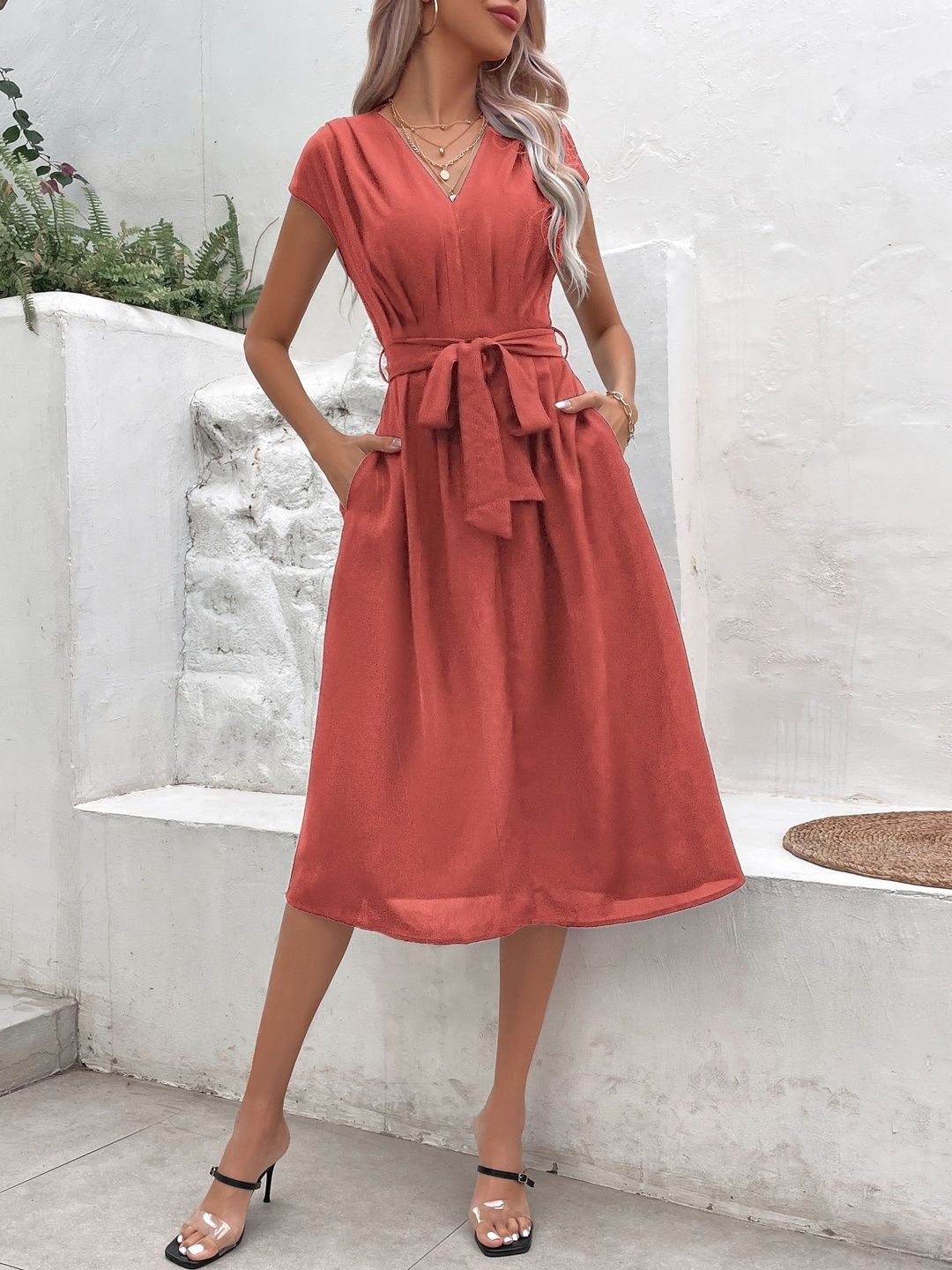 A-Line Midi Dress Short Sleeve - Nowi Korean Fashion