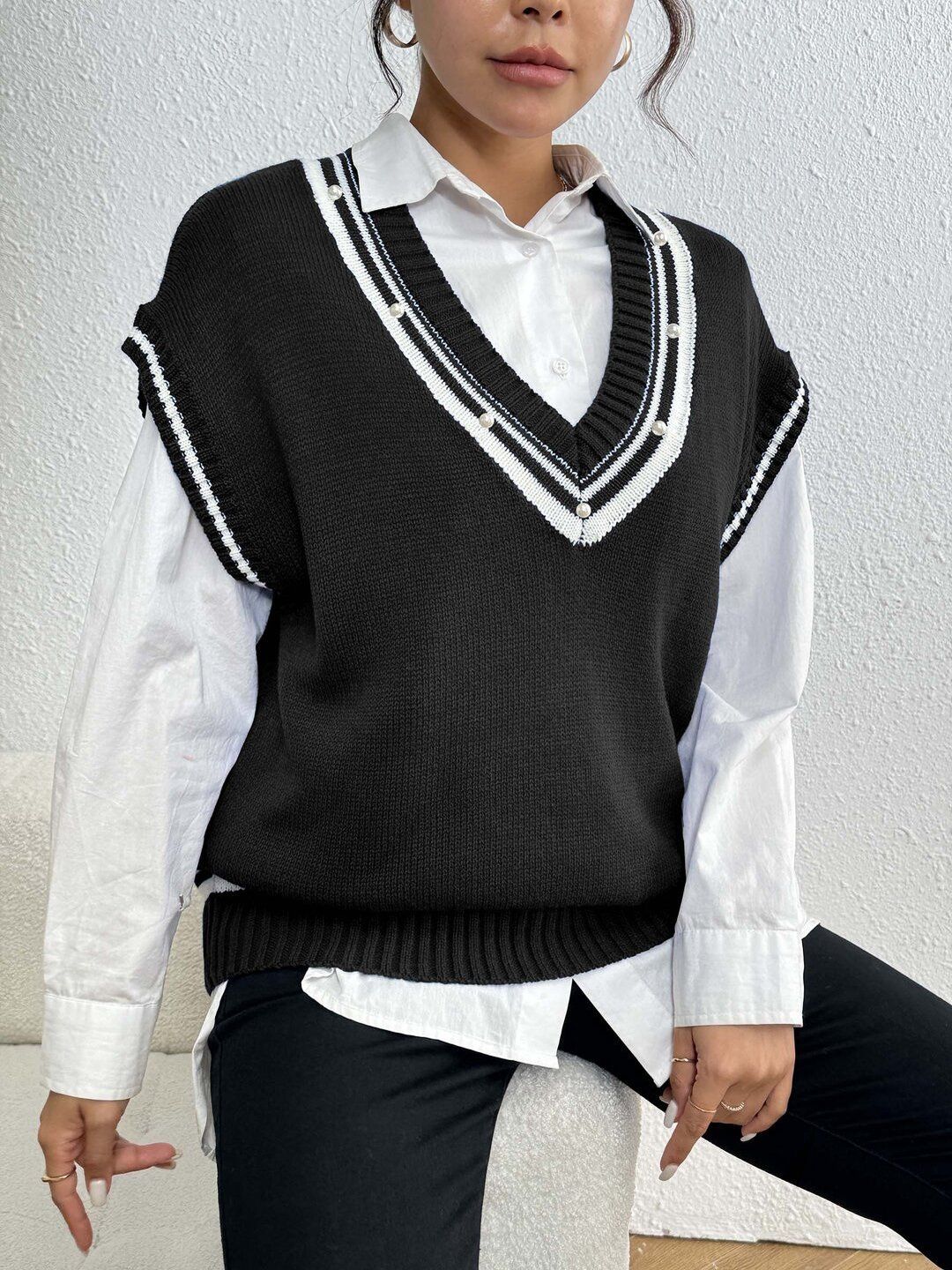 Women Striped Sweater Vest with Embellished Detail